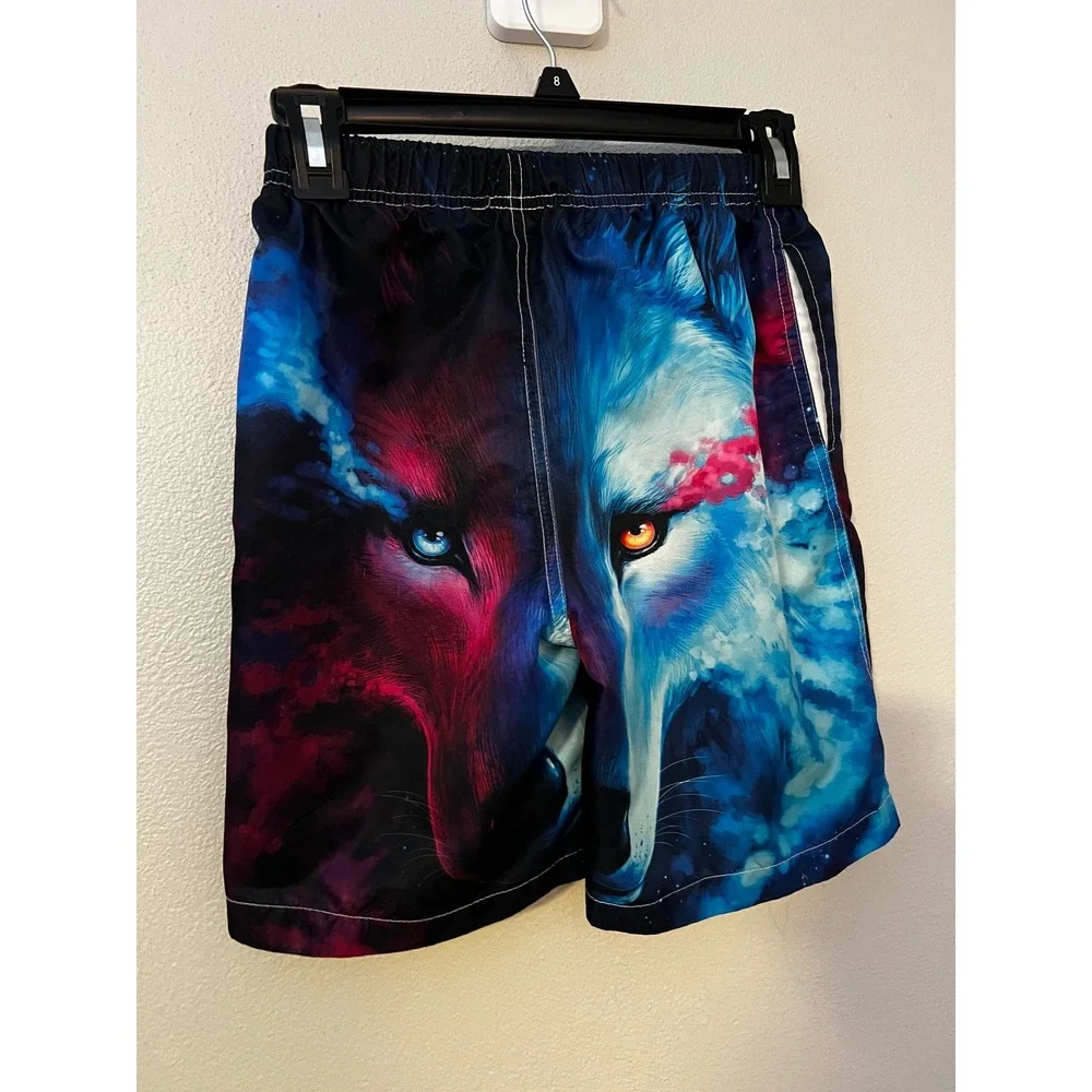 Wolf‎ Cosmic Graphic Swim Trunks Kids Good & Preowned Board Shorts Lined Large